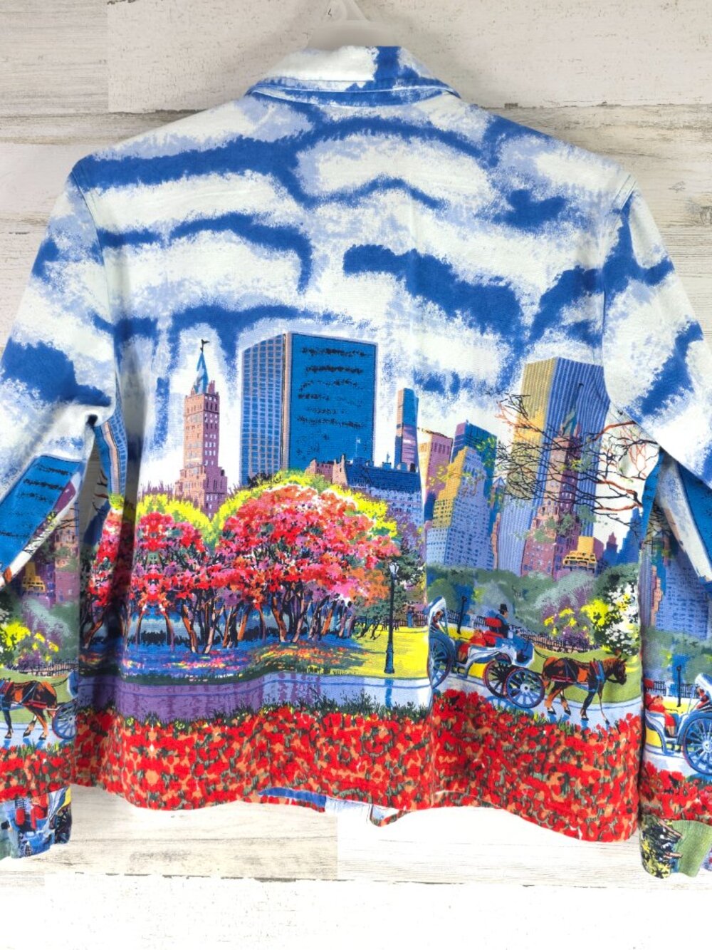 TAKE TWO Colorful Cityscape Denim Jacket WOMENS SIZE LARGE W/POCKETS 100% COTTON - Picture 2 of 16